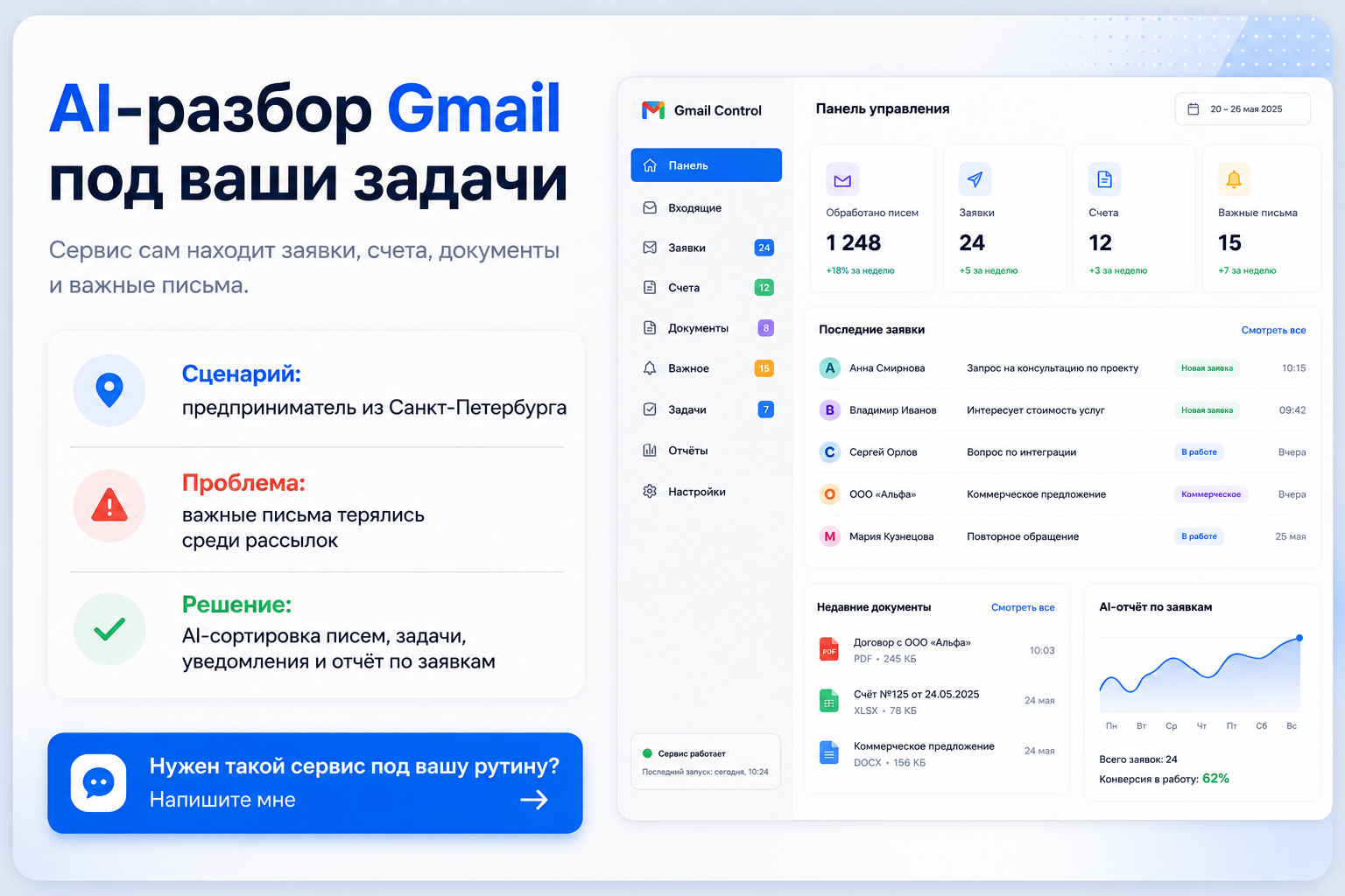 Gmail Control — AI-панель для сортировки писем, заявок, счетов и документов